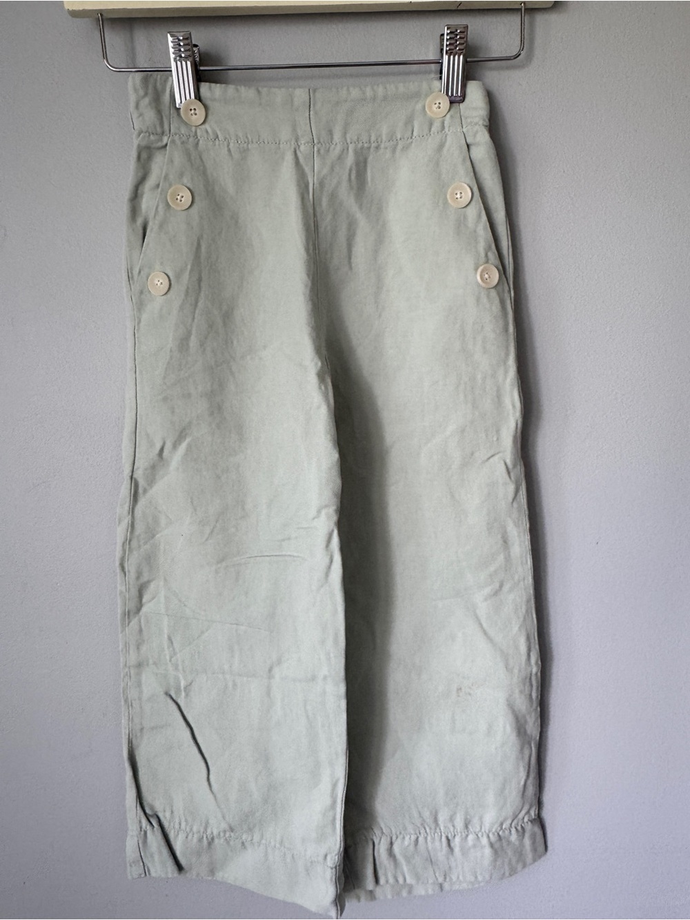 Zara Light Sage Button-Accent Casual Kids Pants